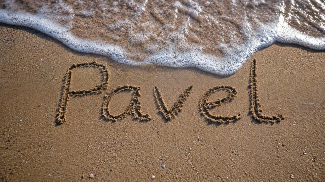 Handwritten signature on wet sand beach close-up. Personalized name writing on shoreline for branding or identity design.
