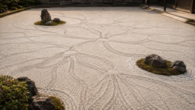 Zen garden with raked sand patterns and stones. Japanese meditation landscape design for tranquility and mindfulness spaces.