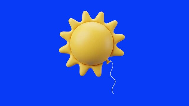 Cute yellow inflatable air balloon shaped like a smiling sun with rays and a white string, floating isolated on a bright solid blue background. Perfect for weather forecasts, summer promos, kids party