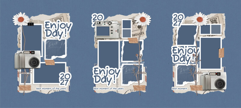 Scrapbook Layout Design. Realistic Moodboard Mockup. Scrapbook Element photo frame, torn paper, old paper, newspaper