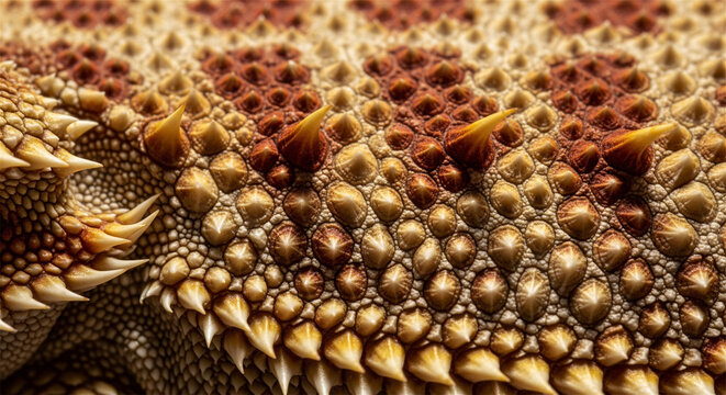 Bearded dragon skin texture, extreme macro of spiky reptile scales, detailed lizard armor pattern