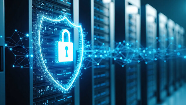 Secure network shield protects server cluster with glowing data streams in modern tech visualization