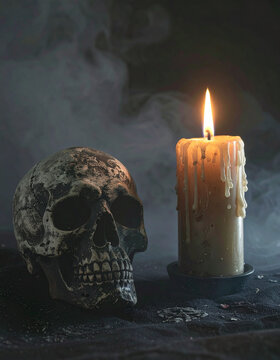 Halloween Wallpaper Candle Eerie Human Skull With Burning Candle And Melting Wax in Dark Moody Atmosphere For Halloween Horror Concept And Gothic Decoration Photography