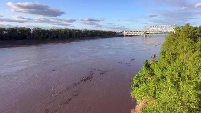 Missouri River with ASB Railroad Bridge and Heart of America Bridge in Kansas City 4K.