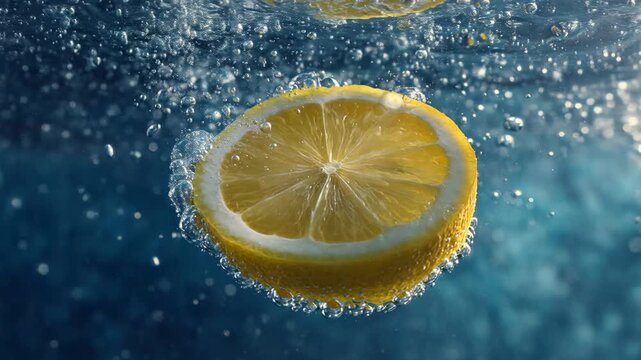 Bright yellow lemon slice splashing into clear blue water with bubbles