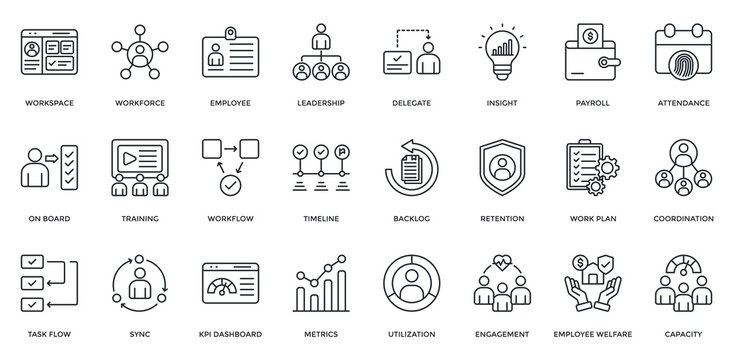 Team management icon set. Containing workspace, workforce, employee, leadership, delegate, on board, training, workflow icon. Outline style