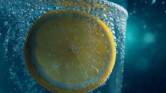 Close-up of a fresh lemon slice submerged in sparkling water with bubbles