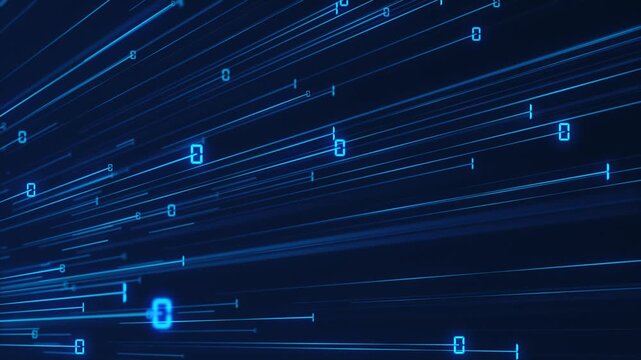 A high speed stream of blue fiber optic digital data light beams with flashing binary code ones and zeros. Full HD and looping computer technology background. 