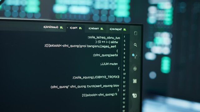 In a server hub, code screens monitors cybersecurity risks with a computer monitor, supporting network security, data protection and performance oversight inside active data center oversight