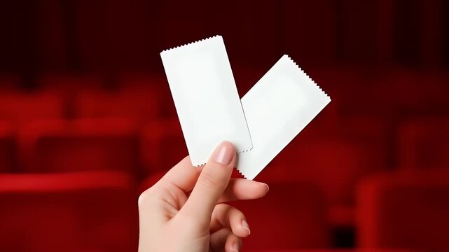 Hand holding two blank white ticket stubs against red theater seats, perfect for cinema or event promotions