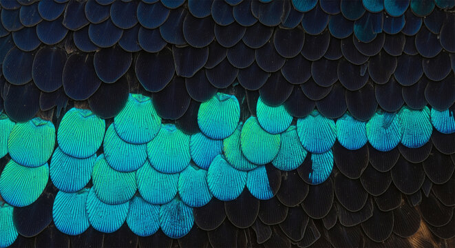 Iridescent peacock feathers close up, shimmering blue and green bird plumage texture, exotic animal pattern background