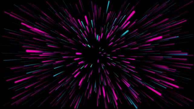 Dynamic neon light rays bursting outward in loop, abstract vibrant digital zoom background with glowing particles
