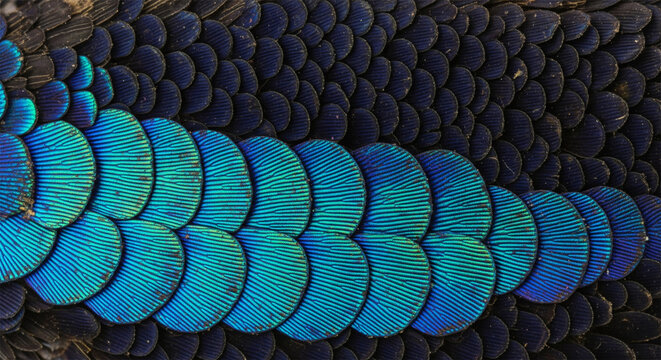 Iridescent peacock feathers close up, vibrant blue and green bird plumage texture, exotic animal pattern background