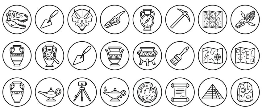 Set of Archaeological Exploration and Paleontology Line Art Icons