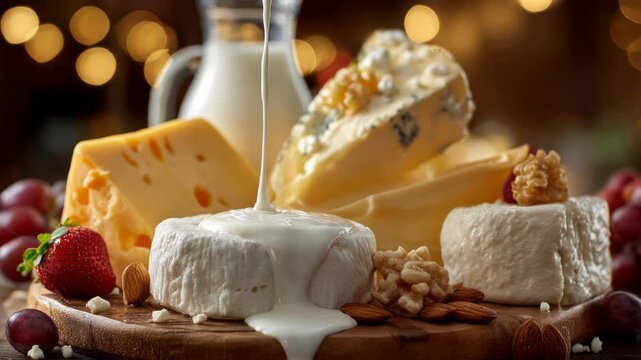 Assortment of gourmet cheeses with fresh fruit and nuts on a wooden board