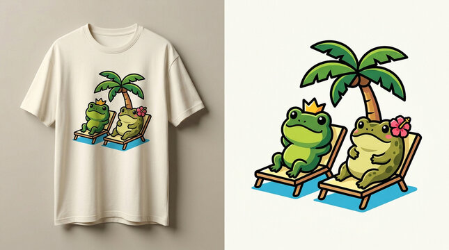 Cute Cartoon Frogs Relaxing on Beach Chairs Under a Palm Tree T-Shirt Design.