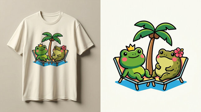 Cute Cartoon Frogs Relaxing on Beach Chairs Under Palm Tree T-Shirt Design.