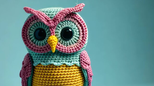 Cute Crochet Owl Toy: A charming and colorful crochet owl toy with large, expressive eyes and intricate stitch detail, perfect for children's crafts or as a whimsical decorative piece.