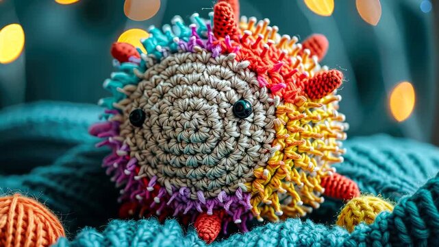 Rainbow Crochet Hedgehog: A charming, handmade crochet hedgehog with vibrant rainbow-colored spines sits nestled on a textured teal knitted blanket, with soft, blurred bokeh lights in the background.