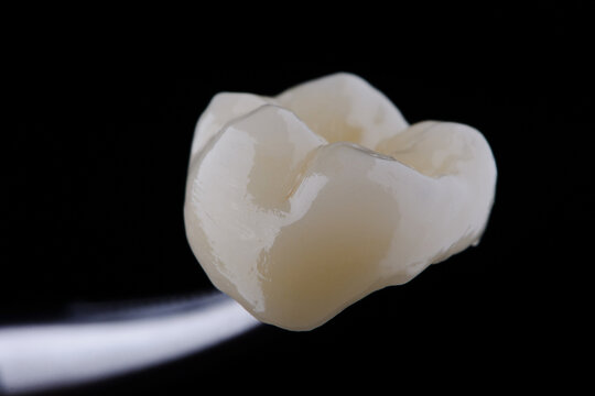 High-quality zirconia dental crown on white background. Dental ceramic crown professional dental lab