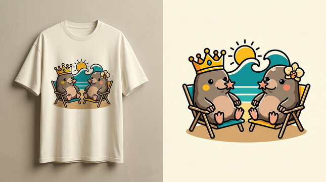 Cute cartoon moles relaxing on beach chairs for summer t-shirt design.