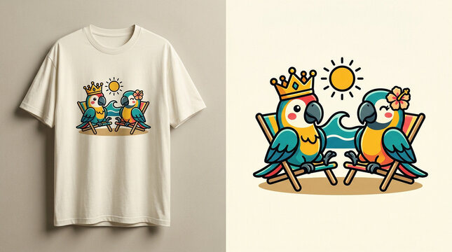 Cute cartoon parrot couple relaxing on beach chairs t-shirt design.