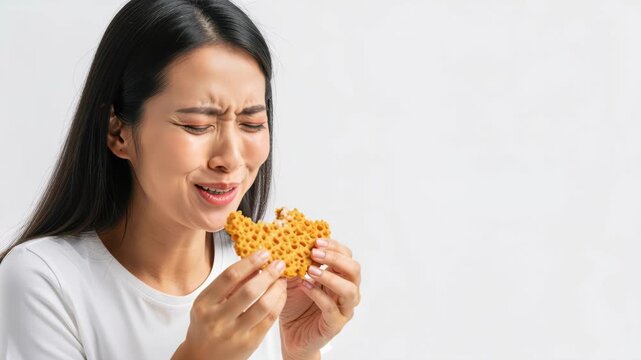 Disgusting Taste: A young woman recoils with a grimace as she takes a bite of a cracker, her expression conveying a strong sense of distaste and displeasure.