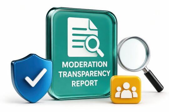 Content moderation transparency report with shield and magnifier