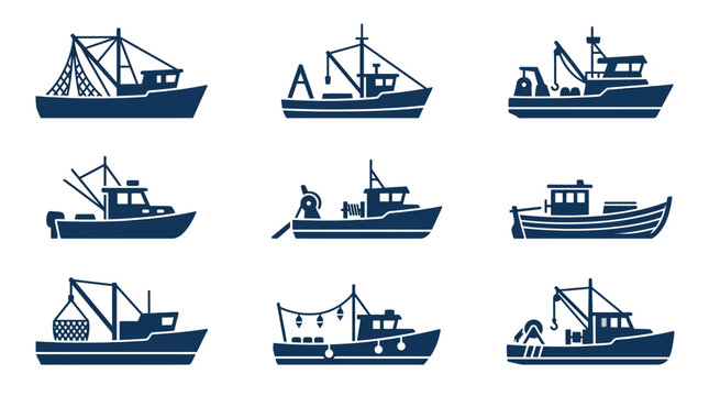 Commercial fishing vessel and trawler silhouette icons.
