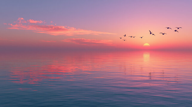 peaceful ocean sunset with pastel sky and distant flying birds