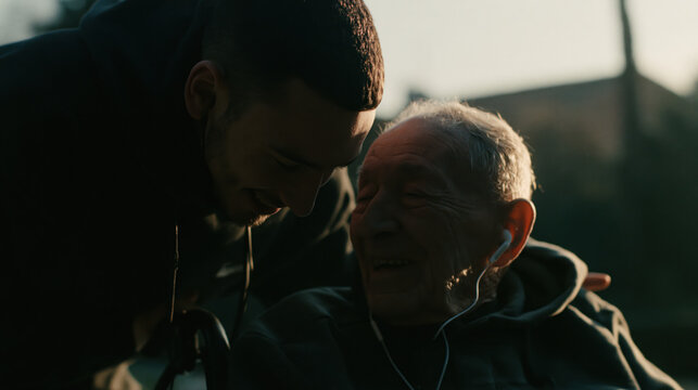 elderly wheelchair resident and young nurse sharing music outdoors