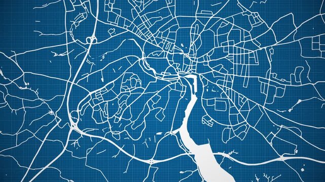 Ink reveal animation of Ipswich city, Suffolk, England, United Kingdom, grid map. Aerial top view. Blueprint style. White lines with blue background. 4K Seamless loop.