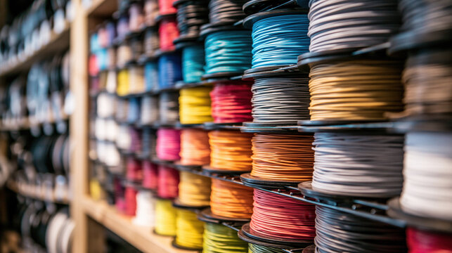 3d printing filament rolls arranged in modern creative company workspace