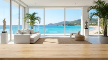 Fototapeta premium Wooden Table Top Surface with Blurred Luxury Coastal Villa Living Room Interior for Product Display and Presentation.