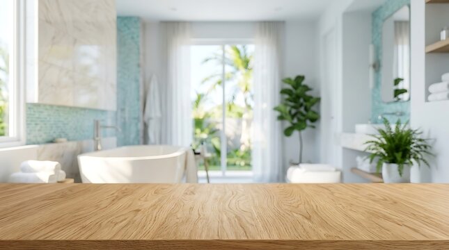 Empty wooden table top with blurred luxury bathroom interior background for product display mockup and website banner.