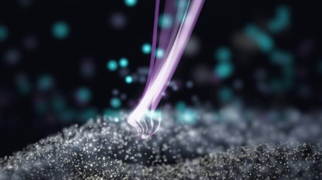 3D Render A mesmerizing 3D render video featuring a vertical column of translucent purple energy stream descending into a textured ground composed of shimmering particles