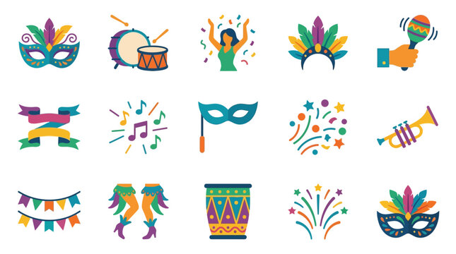 Modern Colorful Carnival Party Icons Set with Vibrant Masks Instruments Confetti and Dance Silhouettes