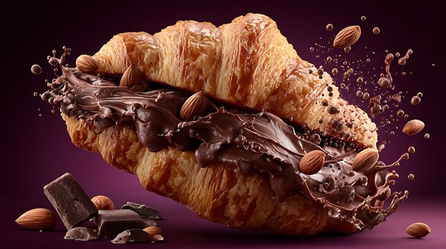 Croissant filled with creamy hazelnut chocolate spread and roasted almonds featuring dynamic dark chocolate splashes and whole nuts against dark violet backdrop