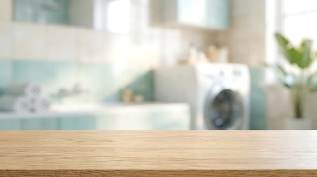 Empty wooden table top in blurred laundry room for product display mockup presentation background with washing machine.
