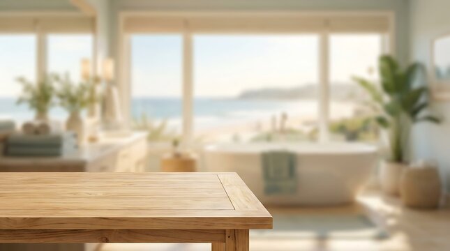 Wooden Table Surface for Product Mockup in Blurred Luxury Coastal Spa Bathroom with Ocean View Window Presentation