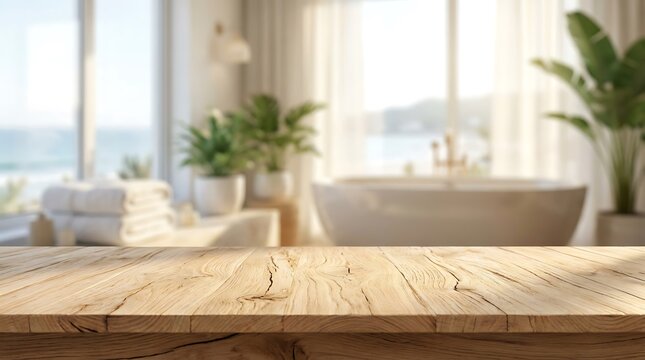 Empty wooden table top in blurred luxury bathroom spa interior with bathtub and ocean view for product display mockups.