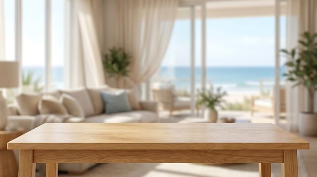 Empty Wooden Table in Modern Living Room with Beach View for Product Placement Mockup Presentation and Interior Design