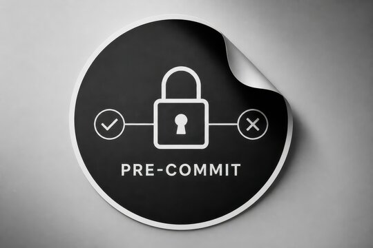 Pre commit security sticker with padlock and approval icons on dark circular label