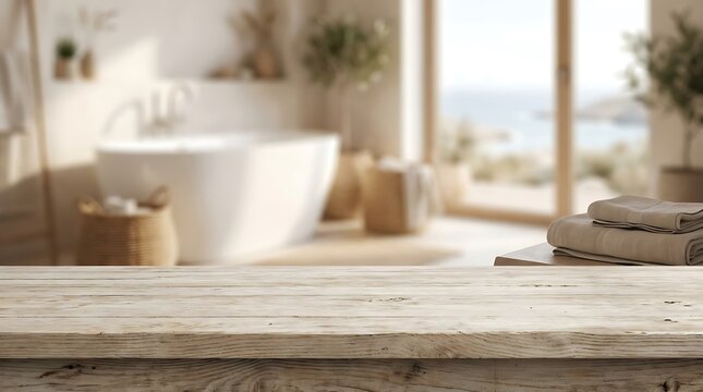 Empty Wooden Table Top Surface with Blurred Modern Bathroom Interior Background for Product Placement Mockup Design