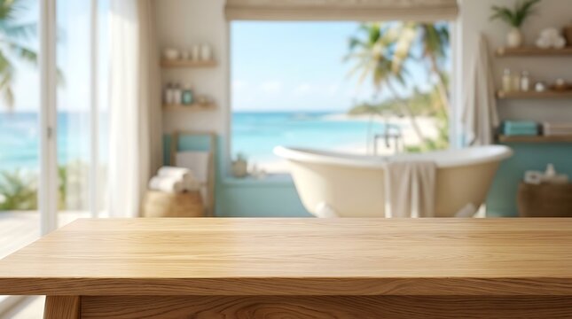 Wooden table top mockup with blurred luxury tropical beach bathroom background for product display showcase view