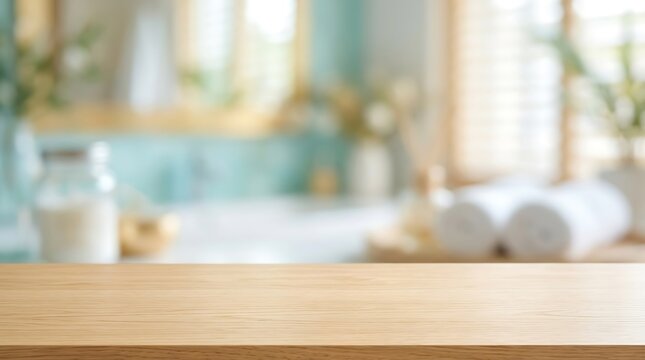 Empty wooden table top with blurred bathroom interior background for spa product display mockup website banner design