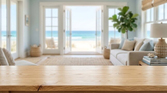 Empty wooden table for product presentation in sunny beach house interior with coastal view and blue ocean scenery.