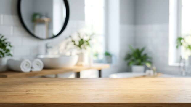 Wooden table top empty space in bright blurred bathroom interior for beauty product display mockup and web banner.