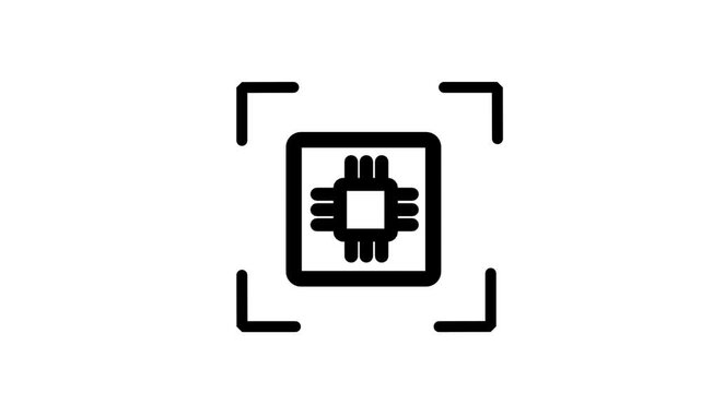 Microchip Scan Recognition Animated Icon. Technical animated icon featuring semiconductor processor microchip inside framing corners for hardware scanning and component recognition.