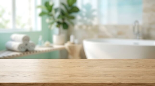 Empty wooden table surface in blurred modern bathroom interior with white bathtub for product display and background